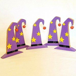 halloween lot of 5 shelf sitters wooden purple witch hat jingle bell star